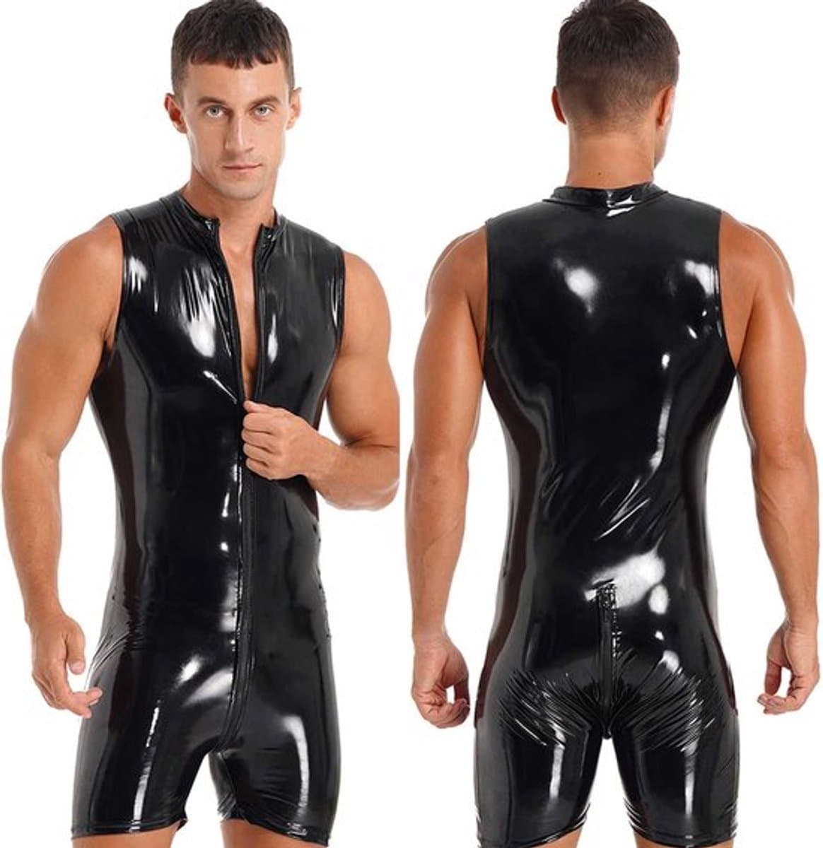 Heren Latex Wetlook jumpsuit deluxe - Mouwloos - Sexy bodysuit heren - Zwart — afbeelding 1