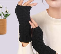1 stuk vingerloze winterhandschoenen voor heren en dames, gebreide warme armmouwen met duimgaten, zachte pols handschoenen, korte gedraaide handschoenen, wollen halve vinger open, warme en koudebestendige polsbeschermers, arm mouwen,Kaki — thumbnail 2