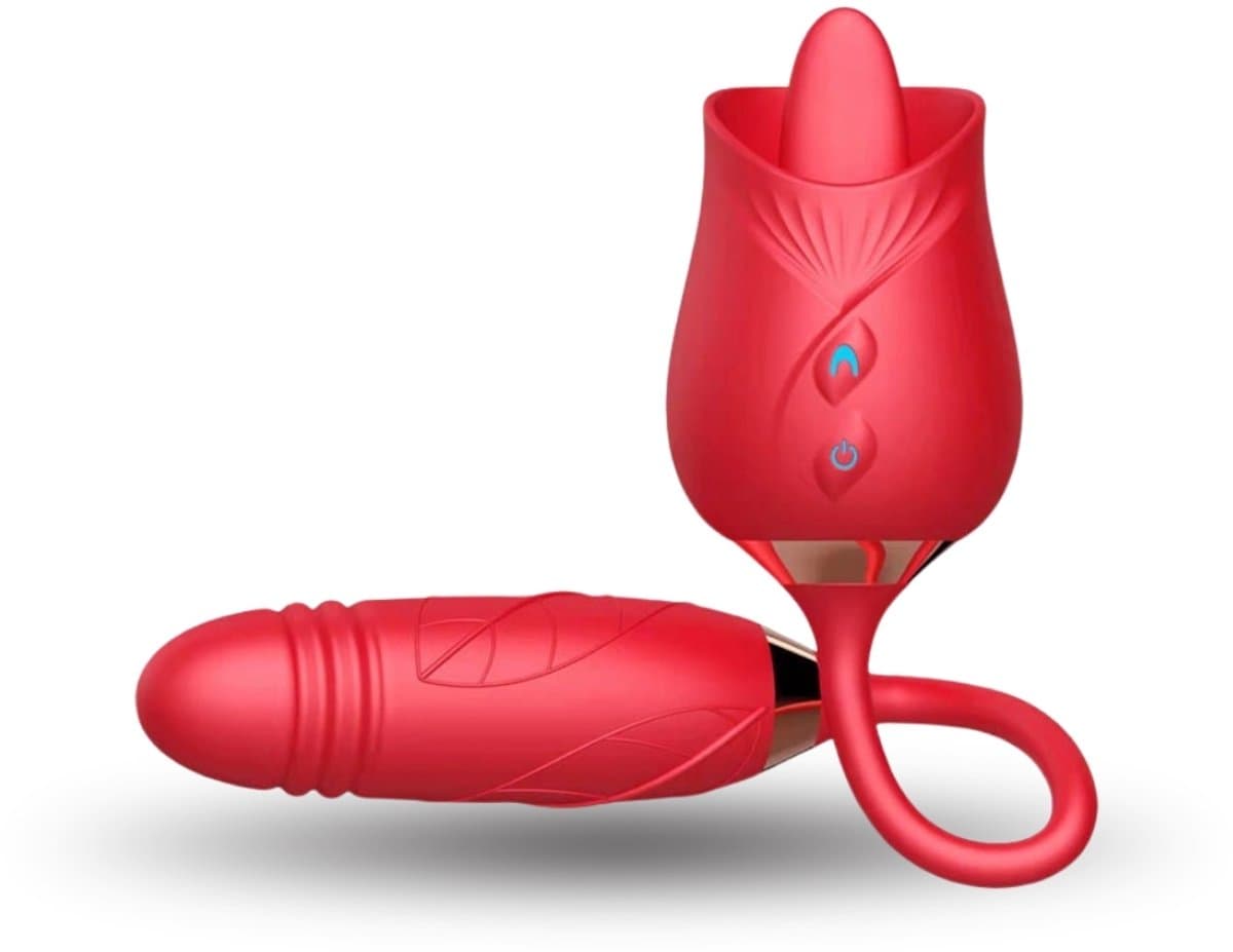 De Roos - 2 in 1 Tong Vibrator met Stotende Dildo - Gspot Stimulator - Clitoris - seksspeeltje - sex toy - luchtdruk - Rood — afbeelding 1