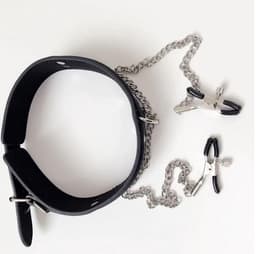 Bdsm Collar met tepelklemmen Bondage - Erotiek - Slave - Tepelklemmen - Lederen Ketting — thumbnail 2