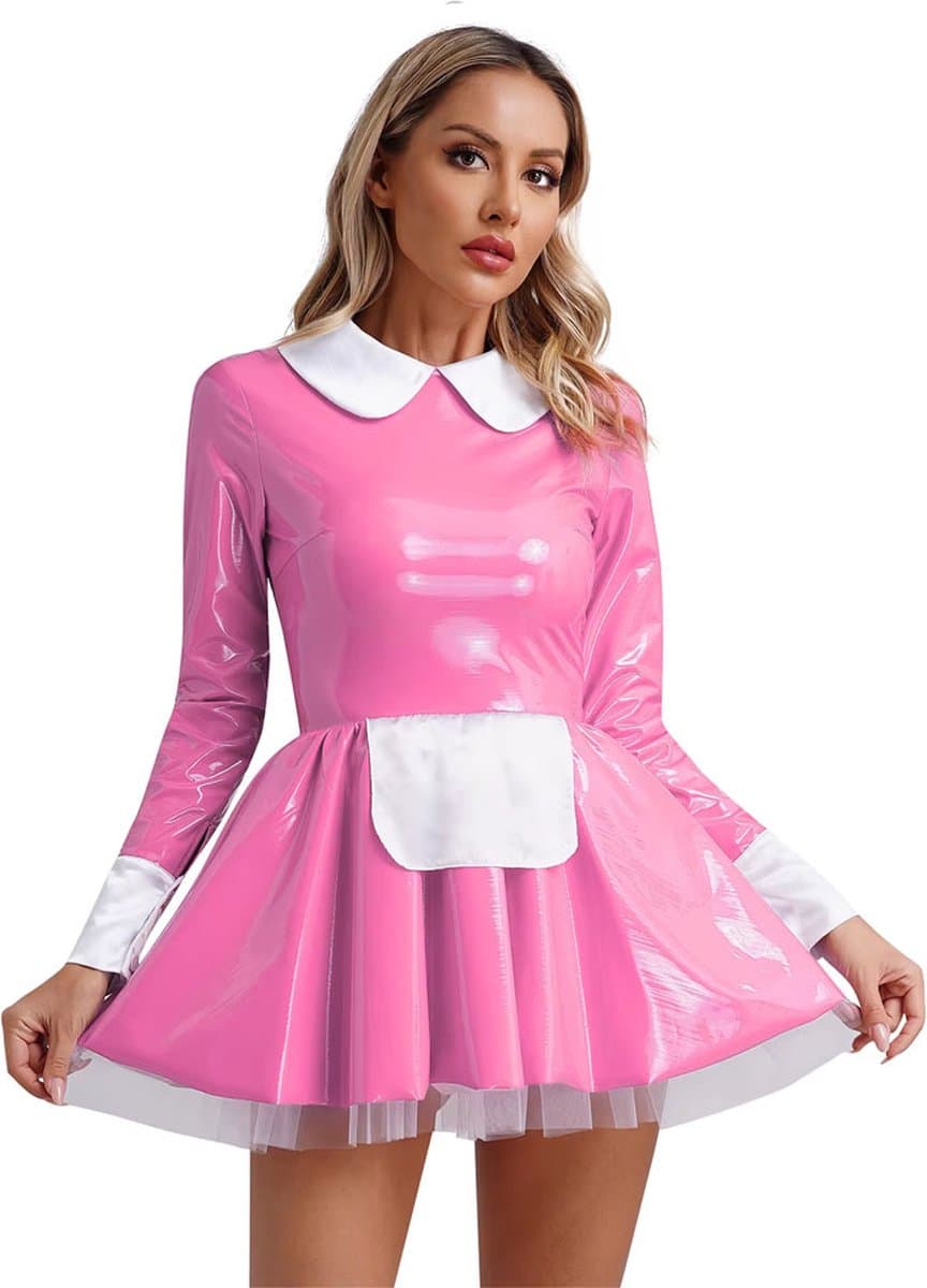 Roze Wetlook Jurk - Faux Latex - Dames Lingerie - Rok - Sexy — afbeelding 1