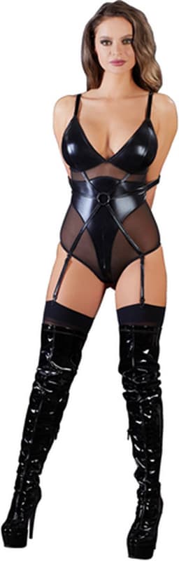 Cottelli Collection – Bondage Jarretel Body Wetlook met Elleboog Riemen en Tepel Sluiting – Maat XL – Zwart — thumbnail 1