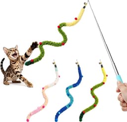 Kattenspeelgoed Angel set van 3, interactief speelgoed voor katten en kittens, zachte pluche speelstaaf met klokken en pompons, kattenvissen voor binnen, jacht- en jachtspeelgoed — thumbnail 1