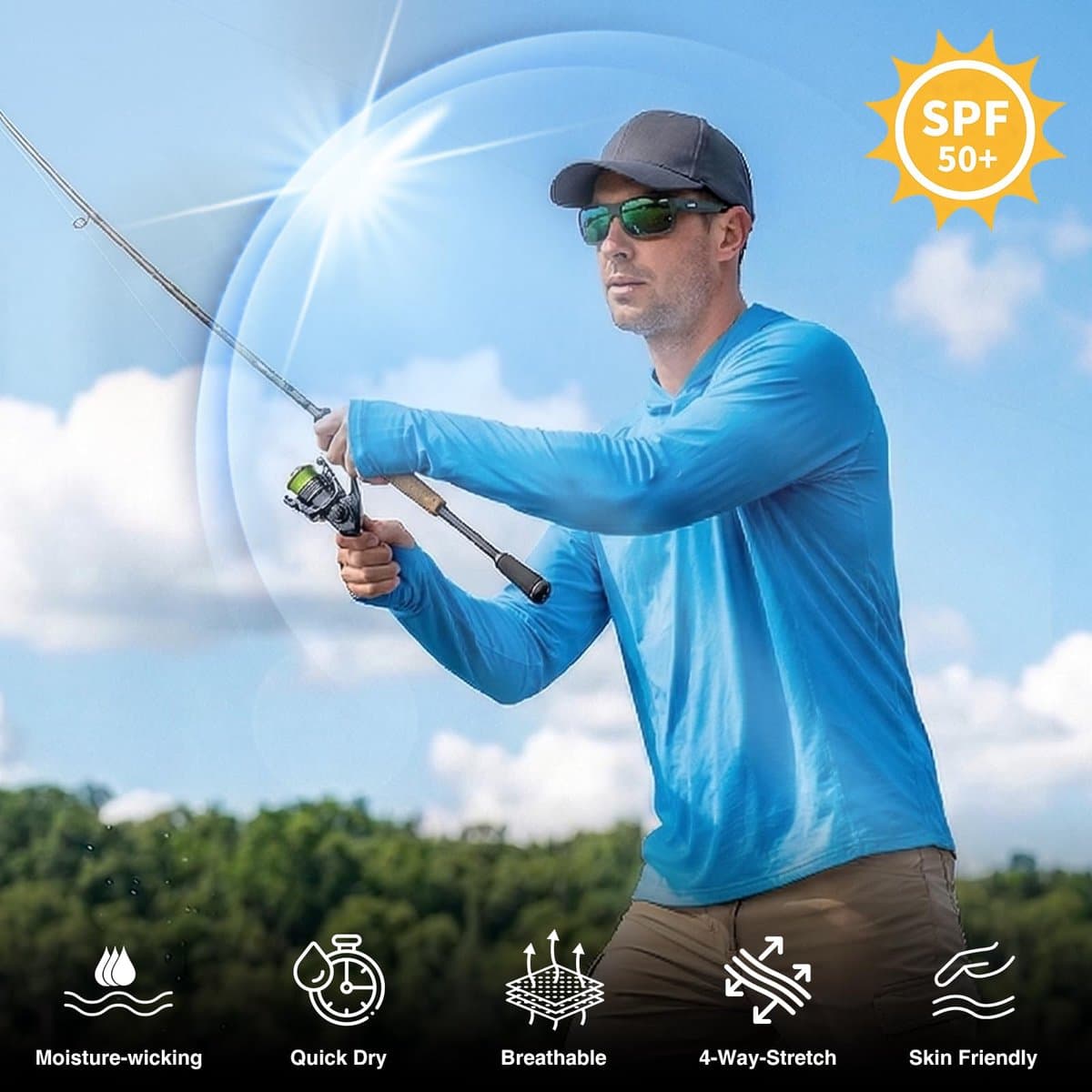 Licht vissshirt met capuchon voor heren, UPF 50+, lange mouwen, uv-bescherming, sneldrogend — afbeelding 1