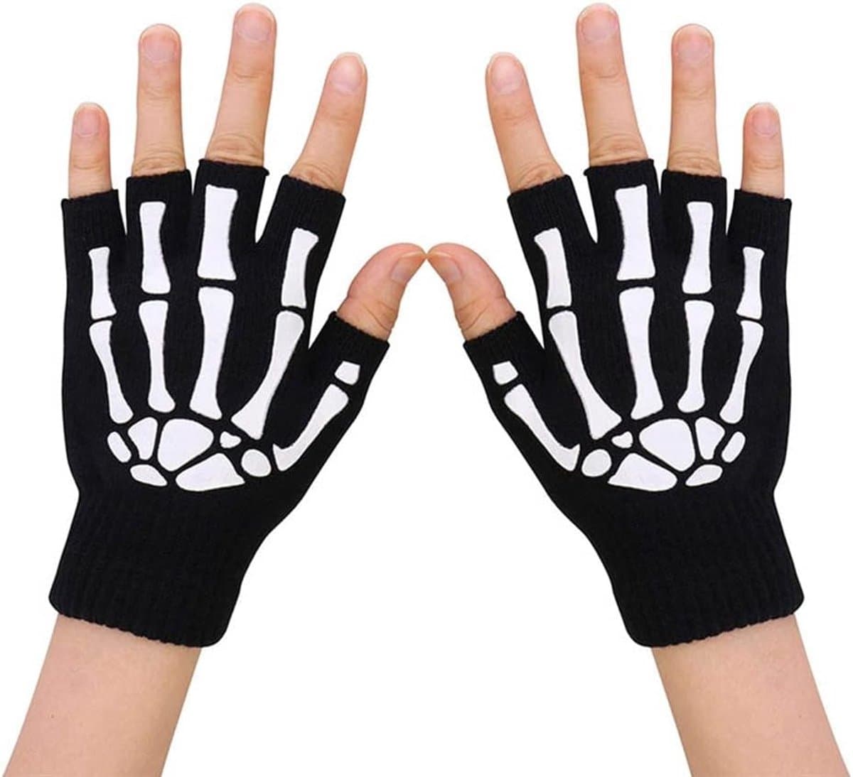 Handschoenen,lichtgevende skelet halve vingerhandschoenen, glow in the dark vingerloze handschoenen gebreide winterwanten voor mannen vrouwen — afbeelding 1