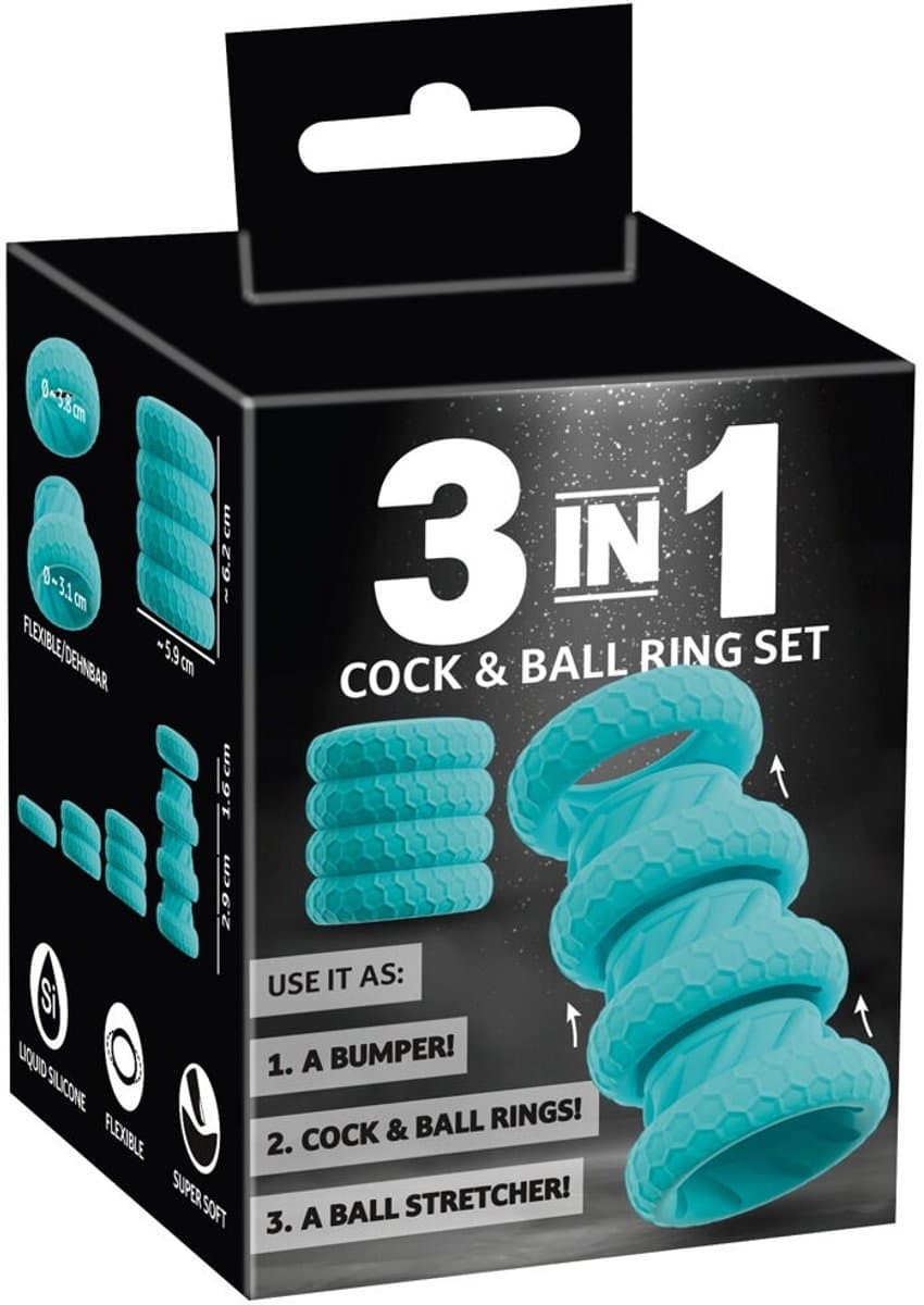3-in-1 Penis- en Ballen Ringen Set - 3-in-1: Bumper, Cock en Ball Rings - Ball Stretcher — afbeelding 1