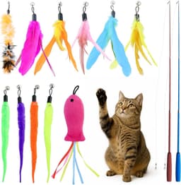 13 stuks kattenspeelgoedset, interactieve kattenspeelgoedveren, kattenhengel met 2 stuks inschuifbare, 11 kattenspeelgoed, reserveveren, zelfbezigheid met veer/bug/visbel — thumbnail 1