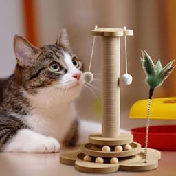 4-in-1 houten kattenrolspeelgoed 2-laags draaitafel interactief houten kattenrolspeelgoed met veren en kattenmuntballen, 40 cm kattenkrabpaal van sisal touw met hangende bal (Groot) — thumbnail 5