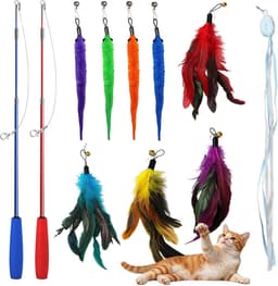 hengelset, 2 stuks interactieve uittrekbare kattenhengel lang + 9 stuks kleurrijke veren teaser kattenspeelgoed reserveveer met bel tegen verveling en voor beweging (11 stuks) — thumbnail 1