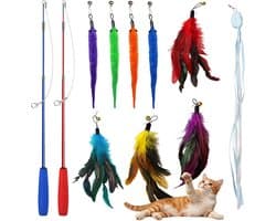 hengelset, 2 stuks interactieve uittrekbare kattenhengel lang + 9 stuks kleurrijke veren teaser kattenspeelgoed reserveveer met bel tegen verveling en voor beweging (11 stuks)