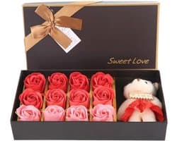 12 Rozen Zeep Bloemen Gift Set voor Vrouwen - Romantisch Valentijnsdag Cadeau met Pluche Beer