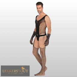 Heren Bodystocking Jarretel Design - Zwart - Visnet - Sexy Herenondergoed - One Size S-XL (46-52) | LS159 — thumbnail 3