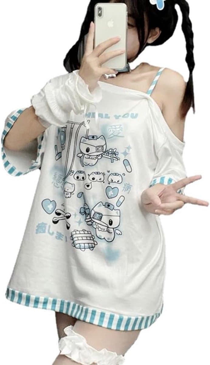 Y2K Cartoon T-shirt Dames - Harajuku Gothic Mode & Schoudervrij Top — afbeelding 1