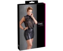 Cottelli Plus Size – Sexy Licht Transparante Mini Jurk met Brede Wetlook Ondergedeelte – Maat 3XL - Zwart