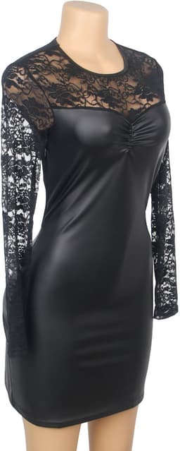 Zeloria PU Leren Jurk met Kant – Zwarte Sexy Bodycon Jurk met Lange Mouwen – Avondjurk / Party Dress Dames – M — thumbnail 11