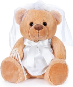 Teddy Bruidspaar in Witte Bruidsjurk – Set van 2 met Sluier en Bloemen – Creatief Geldgeschenk of Huwelijkscadeau – 25 cm — thumbnail 4