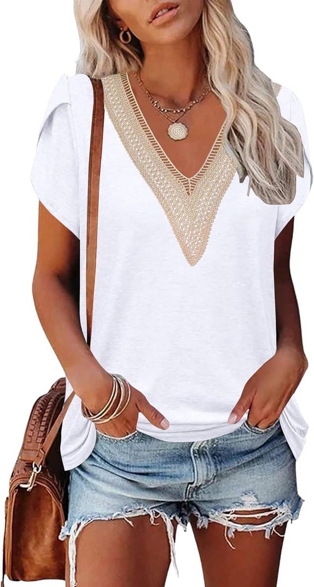 Dames T-shirt Elegante Kant V-Hals Petal Mouwen Zomer Blouse — afbeelding 1