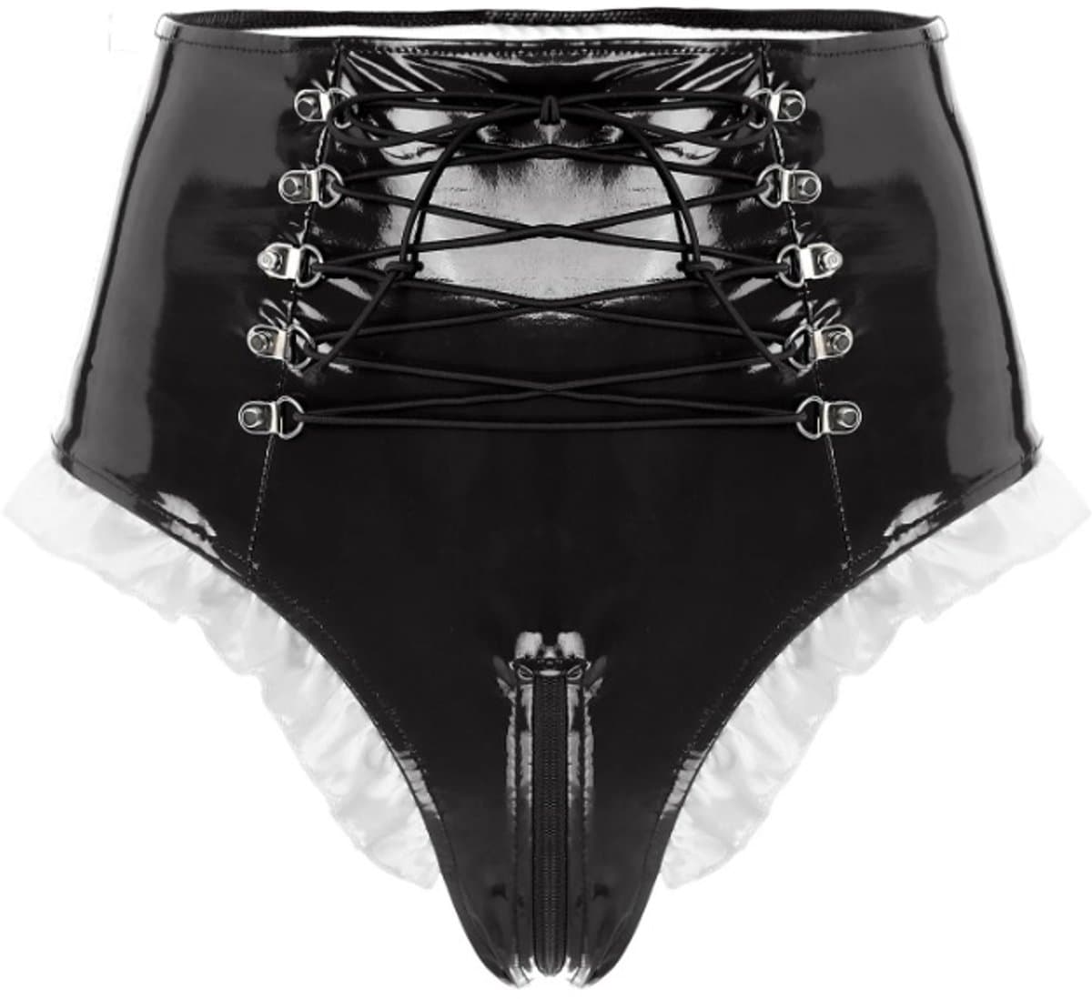 BamBella® Slip Onderbroek - Maat L/XL - Erotische Sexy BDSM Lingerie Dames - Zwart rits ondergoed Datex mix latex en stof wetlook open kruis — afbeelding 1
