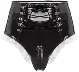 BamBella® Slip Onderbroek - Maat L/XL - Erotische Sexy BDSM Lingerie Dames - Zwart rits ondergoed Datex mix latex en stof wetlook open kruis — thumbnail 1