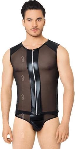 Netstof heren shirt en string met wetlook details zwart XL — thumbnail 1