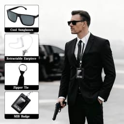 Agent Costume Accessory Set, Men in Black Fancy Dress Including Black Sunglasses, Tie, Earphone, ID Card & Card Holder - ShopVlot — thumbnail 4