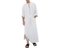 Kaftan voor heren, V-hals, lange mouwen, knopen, thobe met hoge knoopsluiting en zijsplit, katoen, met zakken