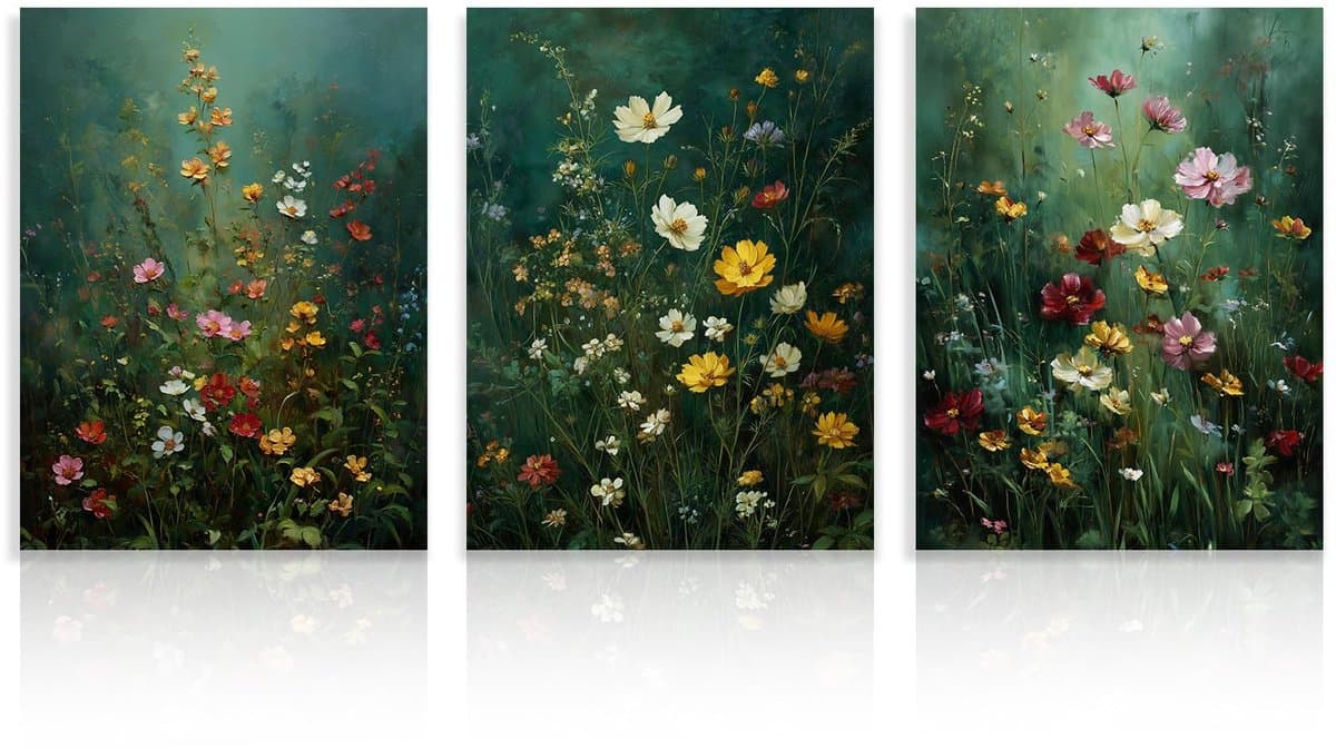 3-delig Stemmig Donkergroene Bloemen Wandkunst, Dark Academy Wildflower Afbeeldingen voor Woonkamer Slaapkamer Decor 30x40 cm Niet Ingelijst — afbeelding 1