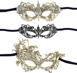 Dailygoods- Masker Set van 3 Stuks - Kanten Masker - Zwart/Goud - Geschikt voor de Meeste Mensen - Elegante Pasvorm - Retrostijl - Feestmasker — thumbnail 1