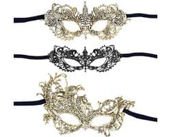Dailygoods- Masker Set van 3 Stuks - Kanten Masker - Zwart/Goud - Geschikt voor de Meeste Mensen - Elegante Pasvorm - Retrostijl - Feestmasker