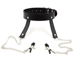 Adultshop - BDSM Collar met Tepelklemmen - Collar met Tepelklemmen en Zilveren Ketting | Zwart PU Leder Halsband | Verstelbaar 35-50cm — thumbnail 1