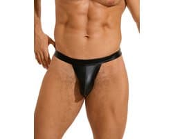 Zeloria Heren String Wetlook – Heren Lingerie – Faux Leather Tanga – Stretch String – Zwart – M