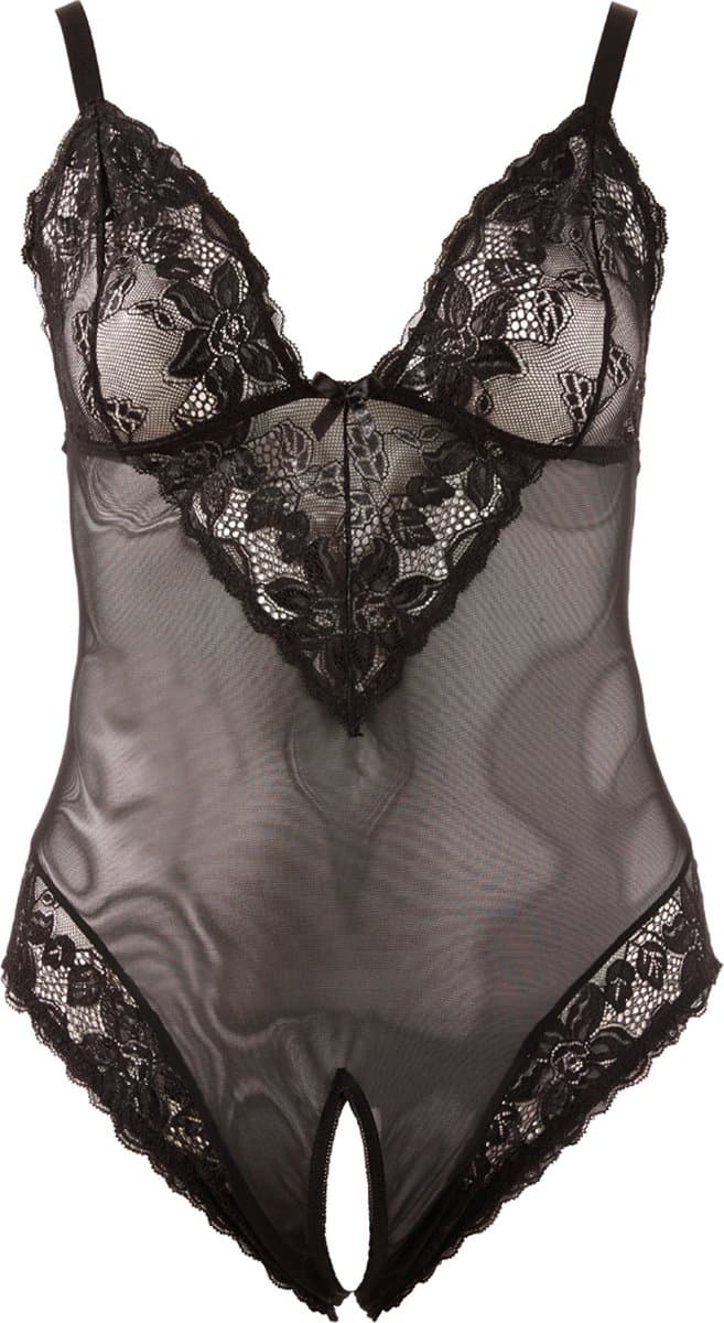 Cottelli Plus Size – Sexy Body met Open Kruis en Kanten Motieven Langs Randen voor Speciale Dates – Maat XL – Zwart — afbeelding 1