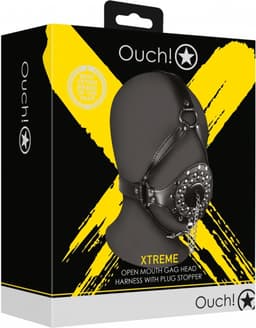 Open Mouth Gag Head Harness with Plug Stopper - Black — thumbnail 5