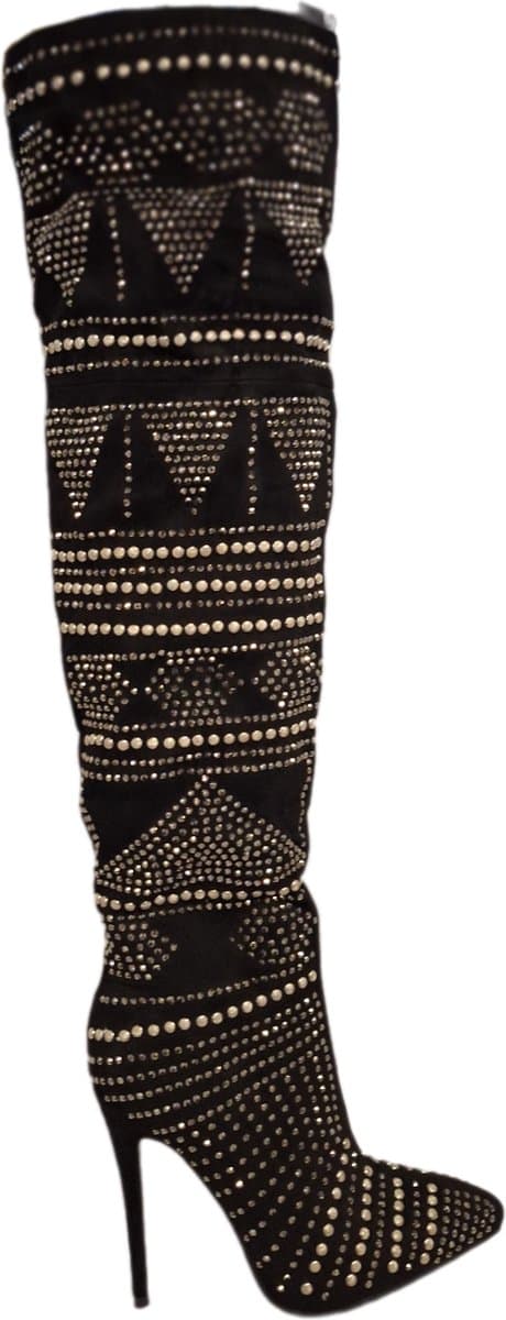 RUON- HOGE EROTISCHE LAARS -SUEDELOOK MET STRASS EN STUDS-BLACK-38 — afbeelding 1