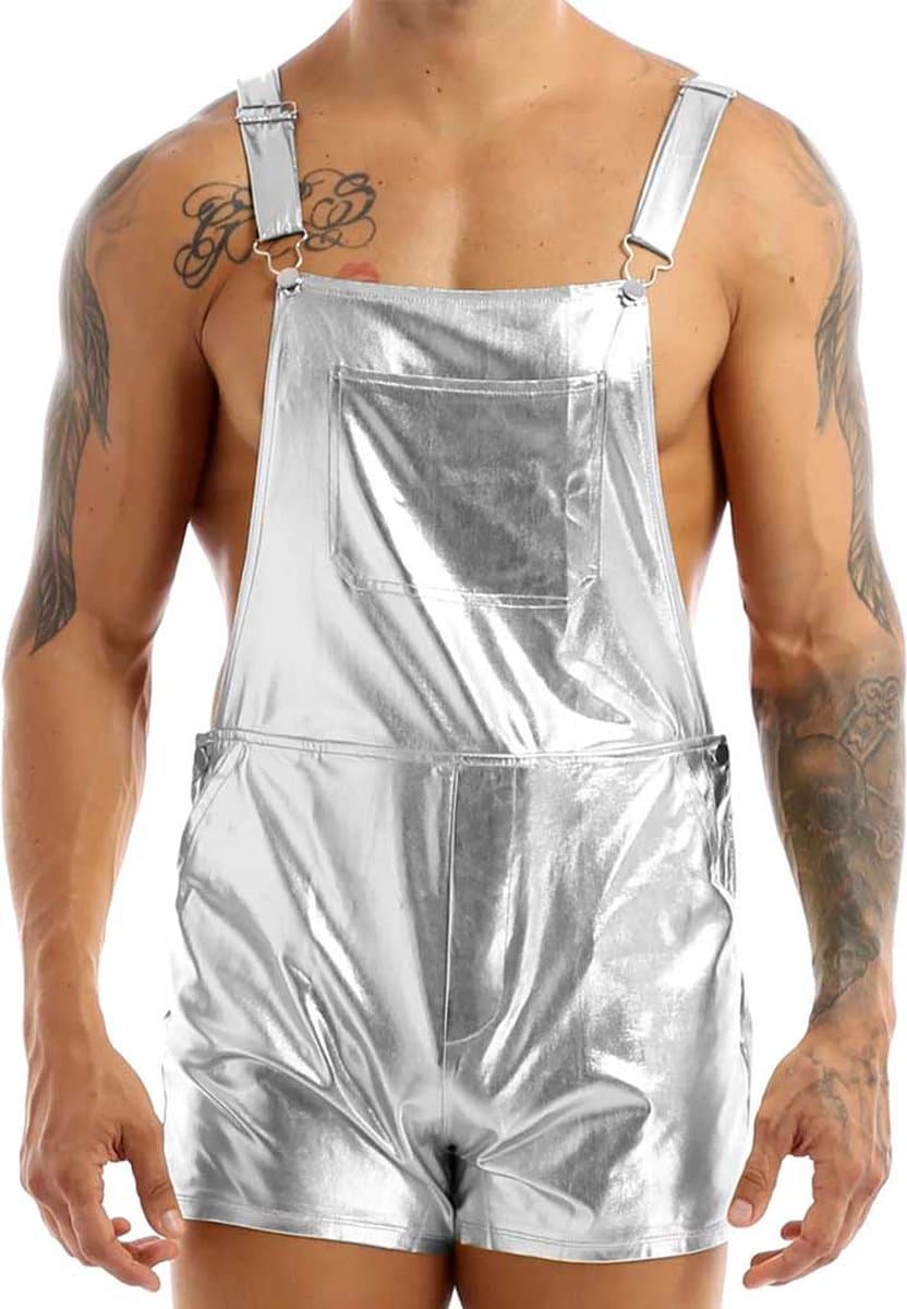 Zilveren Heren Overall – Glanzend – Sexy Festival Outfit – Verstelbaar — afbeelding 1