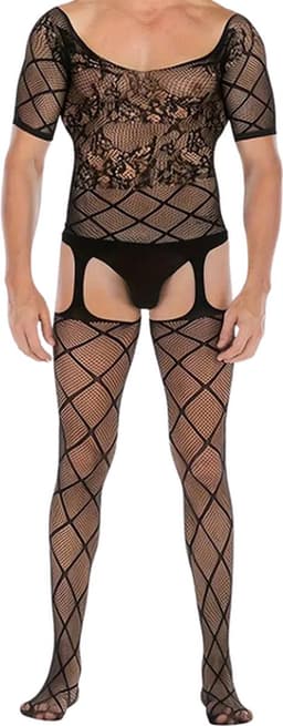 LekkerStout Heren Body met Netkousen - Zwart - Sexy Herenlingerie | S-L | ( LS166 ) — thumbnail 6