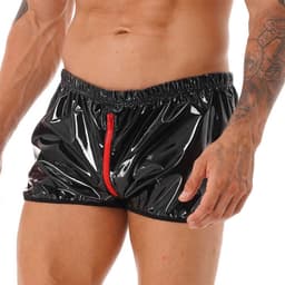 Glanzende boxershort kunstleder - Leer - Ritssluiting open kruis - Latex look - Porno BDSM Kleding - Erotiek - Short - Kort broekje — thumbnail 4