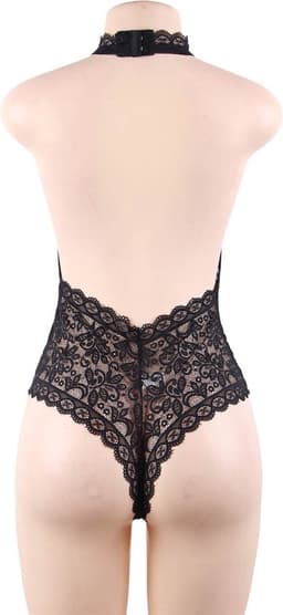 Sexy Lingerie - Erotische Zwarte Glamour Halter Body van Kant met open rug - Sexy Teddy - Kanten Body - Open Cups - Erotiek - Valentijnsdag - Kleur Zwart - Plus Size - Maat M-L — thumbnail 6
