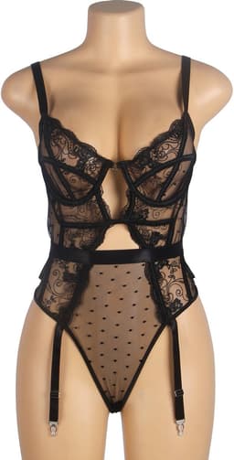 Sexy Lingerie - Luxe Erotische Lingerie Set - Erotische Bodysuit in Kanten Cups - Jarretel - BDSM Bondage look - Valentijnsdag - kleur Zwart - Plus size - Maat S — thumbnail 11
