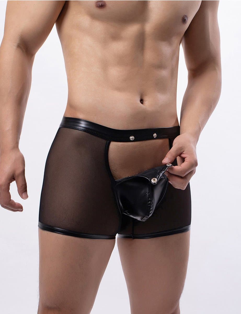 PleazureX Leren boxer met losmakende kruis - opwindend - nachtclub - sexy - doorschijnend - heren lingerie - Maat L — afbeelding 1