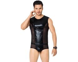 Wetlook heren shirt en slip met netstof details zwart M/L