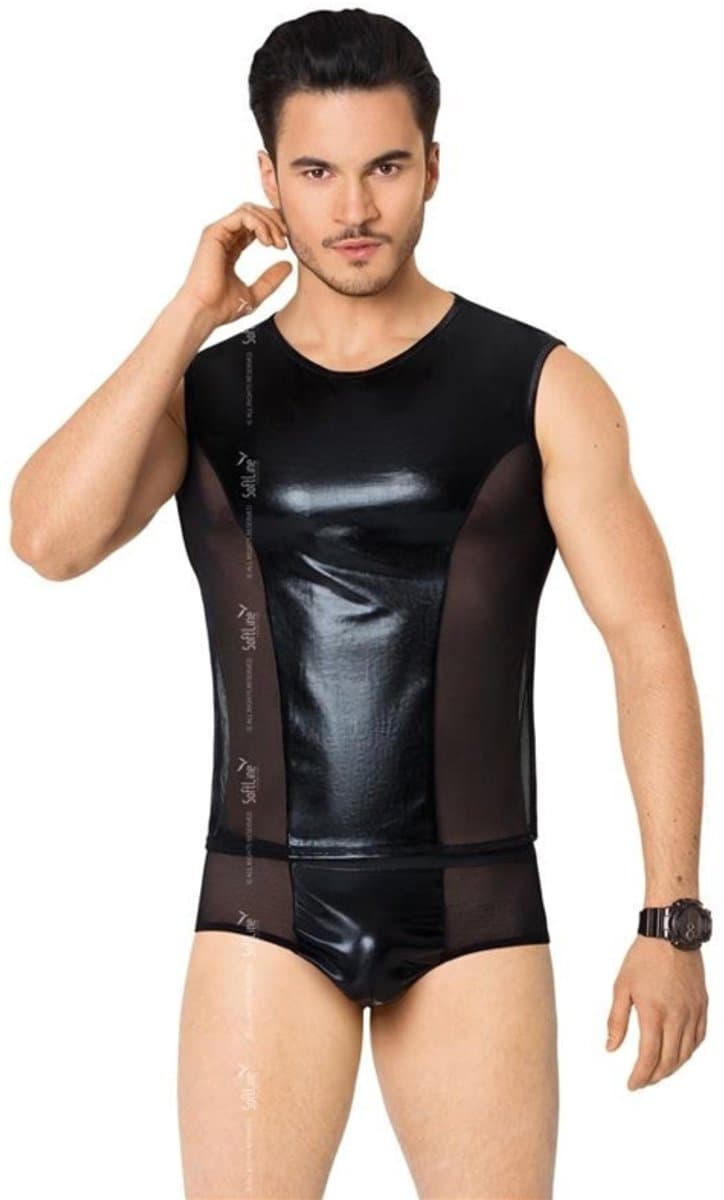 Wetlook heren shirt en slip met netstof details zwart M/L — afbeelding 1