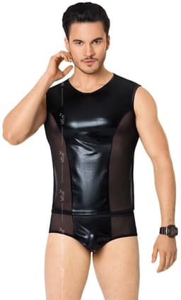 Wetlook heren shirt en slip met netstof details zwart M/L — thumbnail 1