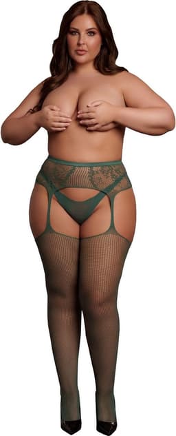 Shots - Le Désir DES051GRNOS - Fishnet/Lace Garter Stockings - One Size - Midnight Green XS - XL — thumbnail 4
