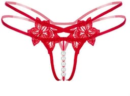 Sexy String met Parels - Kralen - Rood - Erotisch Design met Bloemen - One Size String - Dames Onderbroek Open Kruis - Lingerie / Ondergoed — thumbnail 1