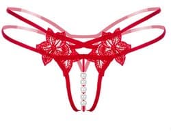 Sexy String met Parels - Kralen - Rood - Erotisch Design met Bloemen - One Size String - Dames Onderbroek Open Kruis - Lingerie / Ondergoed