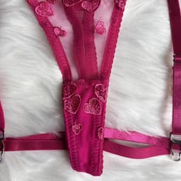 Felroze Hartjes Kanten Lingerie Set Met Beugel BH - Kousenbandgordel, String & Dijbandjes - Sexy Transparant Ondergoed Vrouwen Valentijn Romantisch Cadeau — thumbnail 4