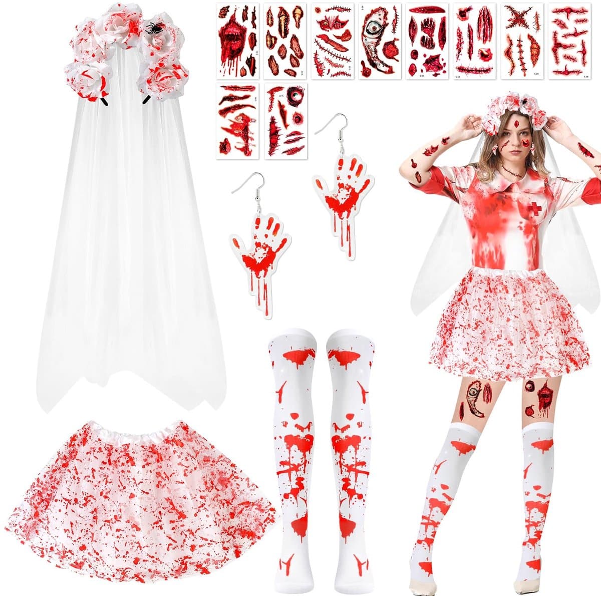 Dailygoody - Zombie bruid kostuum - Halloween kostuum - Angstaanjagende look - Witte tutu rok - Dode bruid - Perfect voor Halloween - Inclusief sluier — afbeelding 1
