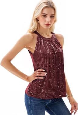 Halter Tank Tops voor Dames met Pailletten - Mouwloos, Sprankelend, Casual, Rimpels en Geschikt voor Feestjes en Avonden — thumbnail 2