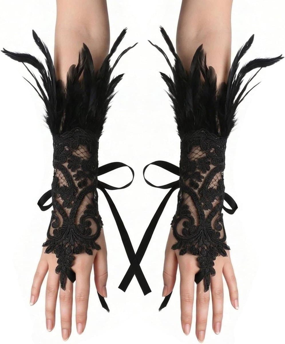 Kanten handschoenen - Vingerloos - Cosplay en theater - Lange mouwen - 36 cm - Zwart — afbeelding 1